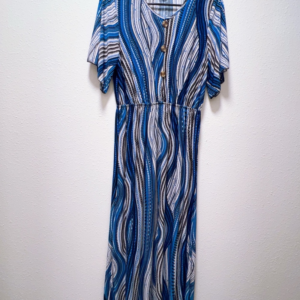 Elegant White and Blue Maxi Dress with Timeless Charm